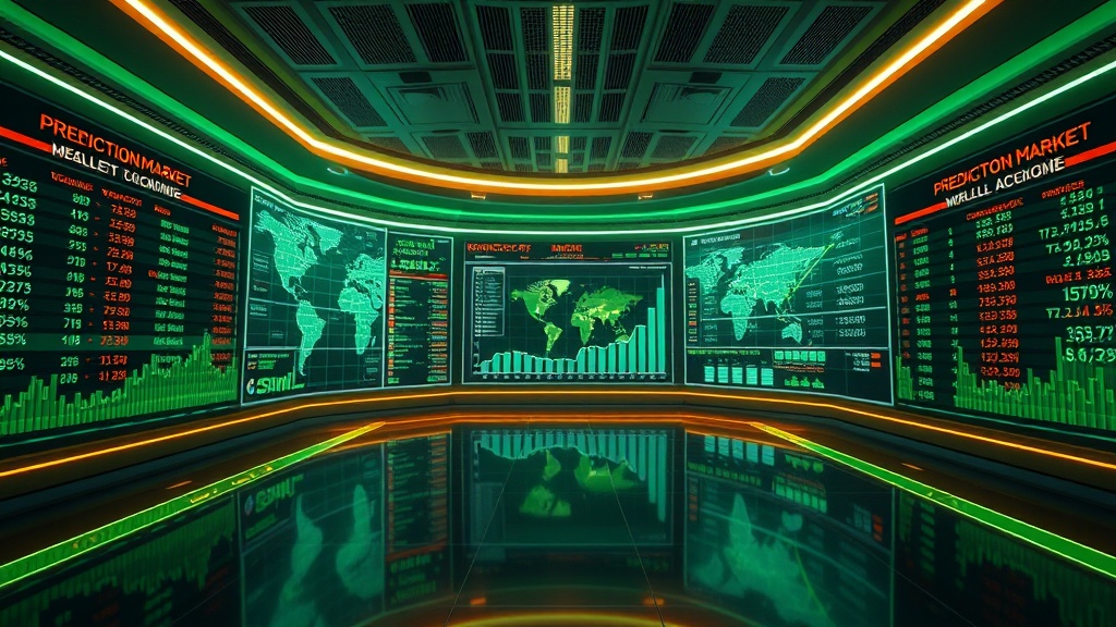 Prediction market trading floor with holographic displays