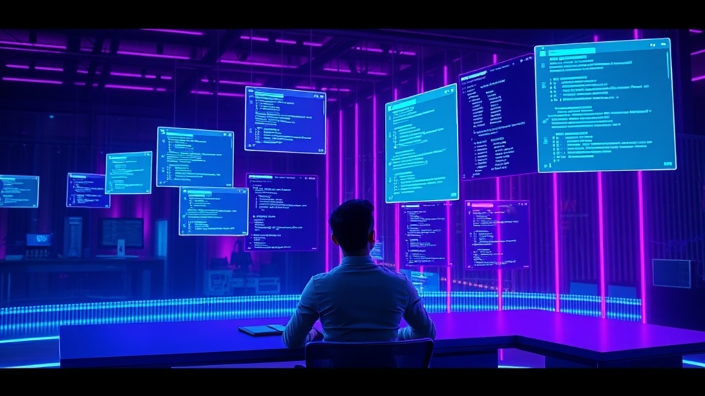 AI workspace with holographic displays